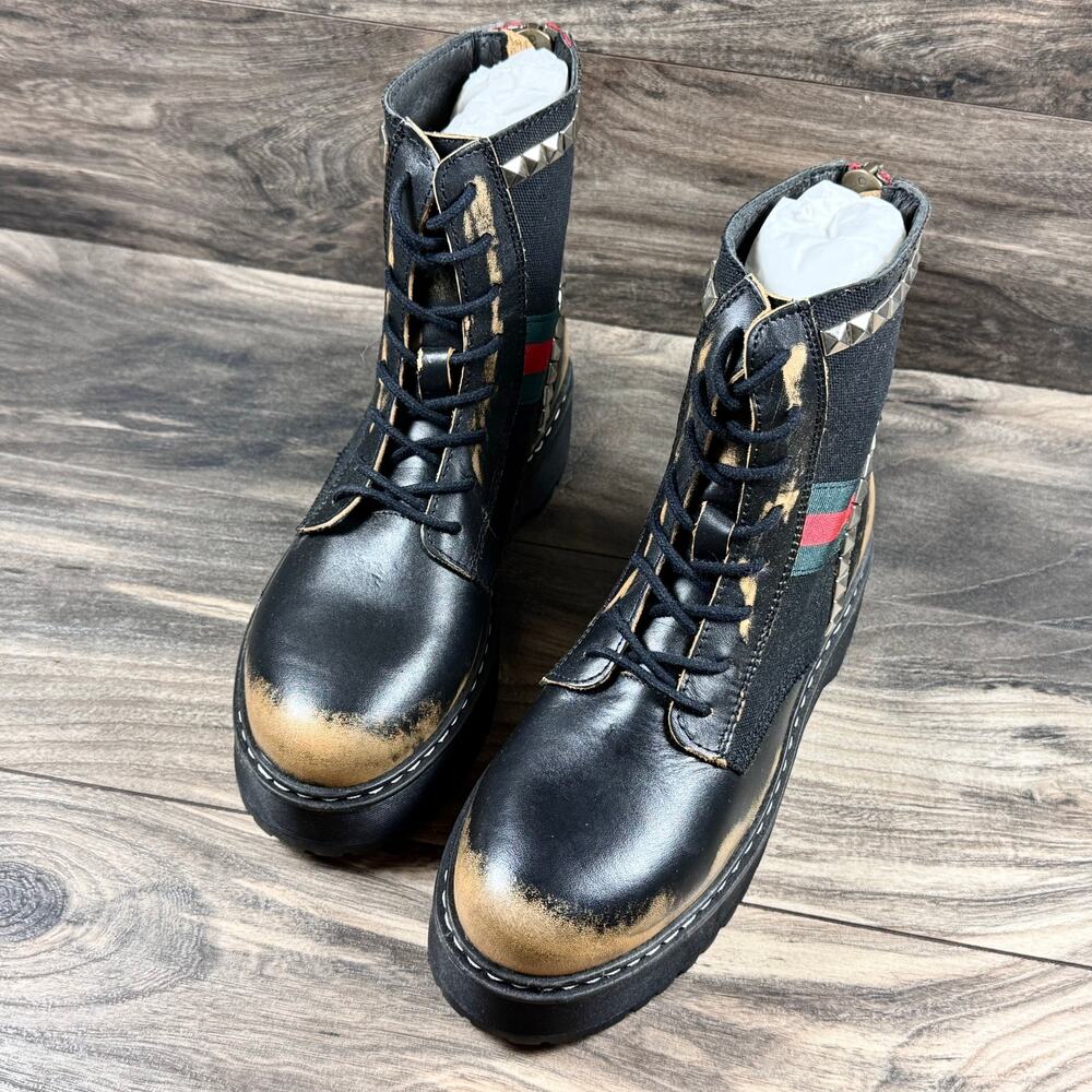 NIB Steve Madden 8.5M Burner Leather Studded Mixed Media Lug Sole Combat Boots - Picture 4 of 11